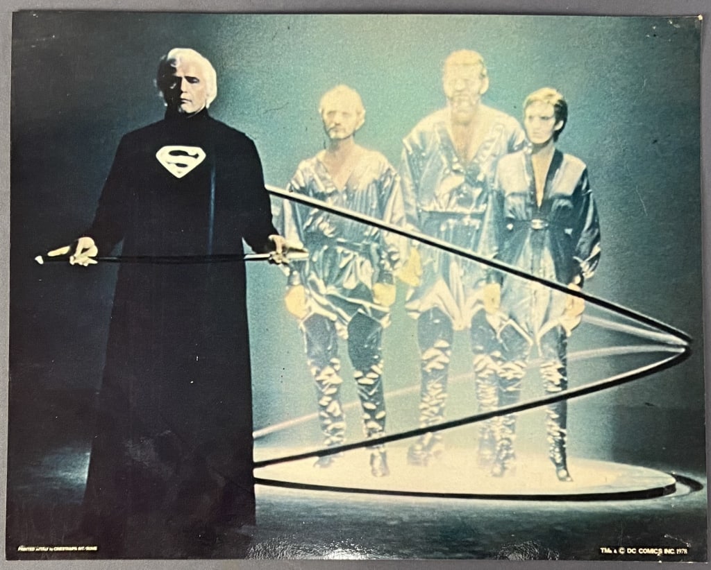Superman Movie Promotional Photo Brando Promotional photo for the movie Superman depicting Marlin: Promotional photo for the movie Superman depicting Marlin Brando as Jor-El. Marked DC Comics 1978, Printed in Italy by Cinestampa. Some pinholes in top of picture. Photograph is 14 X 11 inches in size