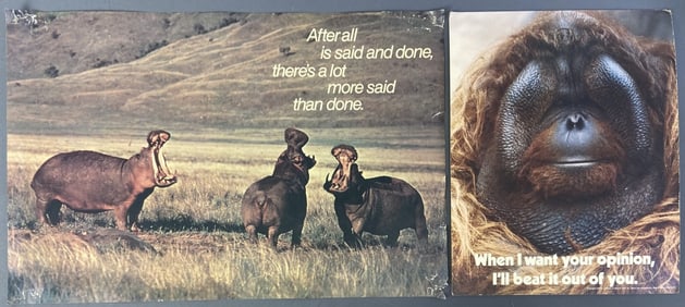 Funny Animal Posters Hippos & Orangutan Heavy board poster that can also stand up if an orangutan,