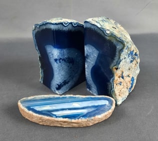 Polished Blue Agate Stone Bookends & Agate Piece Corners appear rough, some scratches. Please see