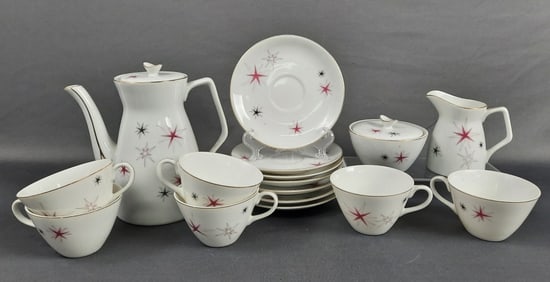 MCM Jamaka Atomic Starburst Tea Set 16 Pieces Some chips in the gold paint, some pieces dirty.