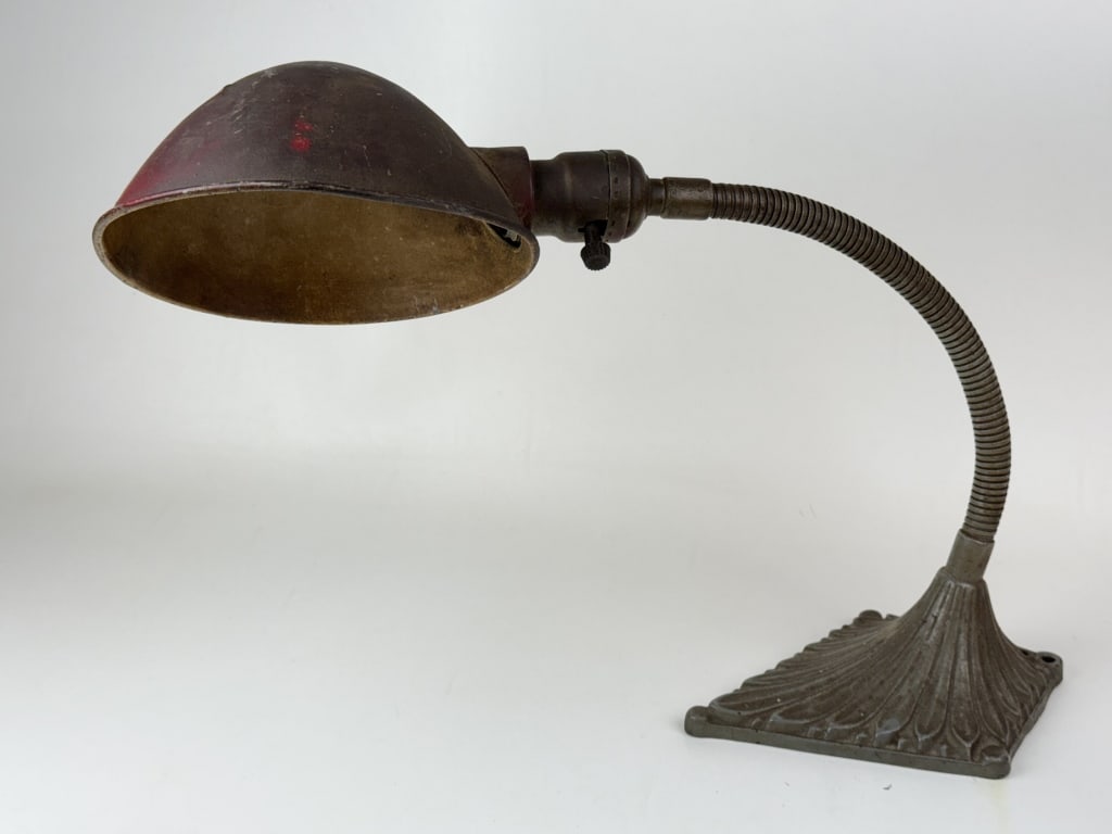 Industrial Desk Lamp Cast Metal Base Base 7 inches long gooseneck 11 inches long. No wiring or cord. (1 of 8)