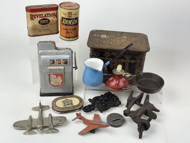 Mixed Lot Vintage Tin Metal Toys And Decor Tarnish, scuffs and scratches. Other signs of age ans