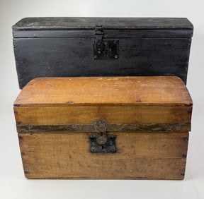 Pair Vintage Wooden Chests Black Chest 8 inches tall 20 inches wide. Unpainted chest 8 inches tall