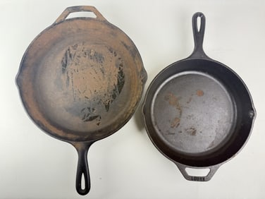 Lodge Cast Iron Skillet 10 Inch 12 Inch Both need to be re seasoned. 10 and 12 inches wide by 2.5