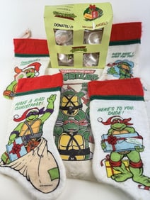 Vintage Teenage Mutant Ninja Turtles Lot 4 ornament pack, 4 stockings. Draw string bag. Bag and