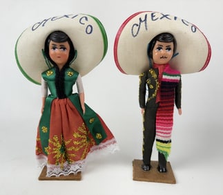 Vintage Mexican Souvenir Dolls Mariachi and Dancing Girl 8 inches tall.
