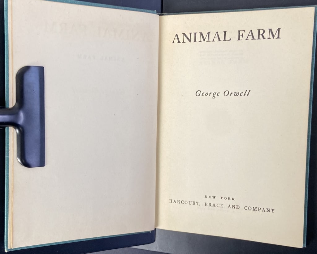 George Orwell Animal Farm Early Edition 1946 Animal Farm by George Orwell, published by Harcourt: Animal Farm by George Orwell, published by Harcourt Brace & Company, 1946. No dust jacket, wear to lettering on spine. Due to small divot in back board right corner, we believe this to be an early Boo
