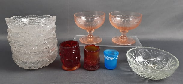 Assorted Vintage Glass Lot Bowls Goblets & Cups Set of 5 bowls are rough around edges, few small