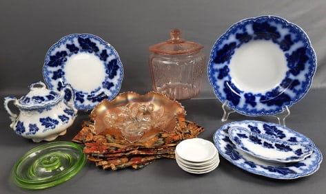 Large Vintage China Lot Flow Blue Carnival Glass Depression Glass