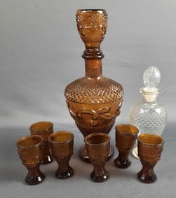 Vintage Amber Glass Decanter 7 Piece Cordial Set Few chips around rims of small cups. Please see