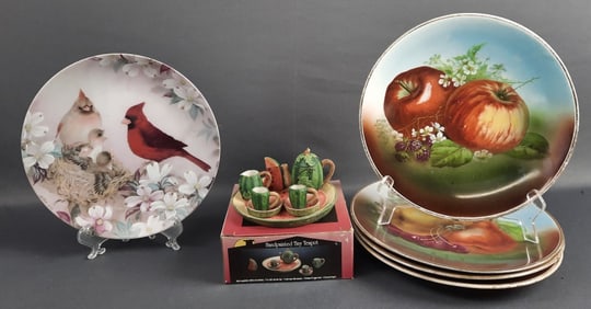 Vintage Lot Decorative Plates & Miniature Watermelon Tea Set & Box