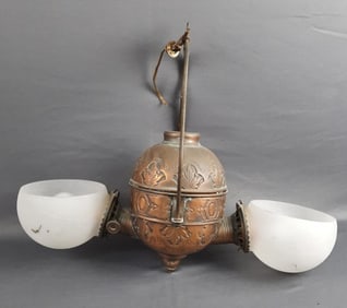 Vintage Double Angle Hanging Lamp & Globes 16 inches tall x 22 inches wide. Please see images for