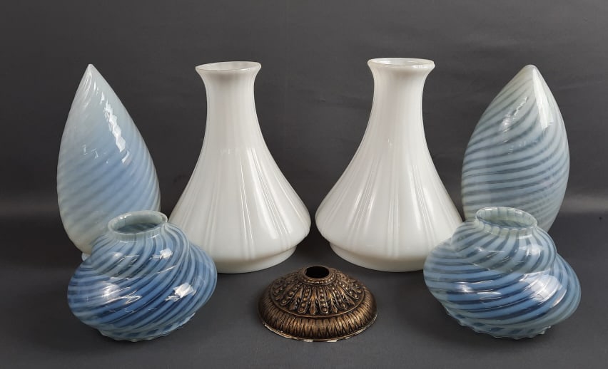 6 Assorted Vintage Glass Lighting Globes Tallest 2 measure 9 inches tall. Edges of the globes are (1 of 12)