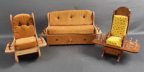 Vintage Wooden Couch & Rocking Chair Pin Cushions Thread Holder Sewing Caddy