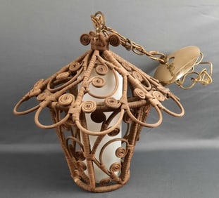 Vintage Wicker Hanging Lamp Light Untested. There are some broken wicker pieces. 14 inches x 14