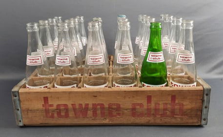 Vintage Towne Club Wooden Beverage Crate & 23 Glass Towne Club Bottles