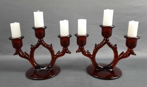 Pair of Ruby Red Glass Candle Holders Each one is 6" tall. Please see images for details regarding