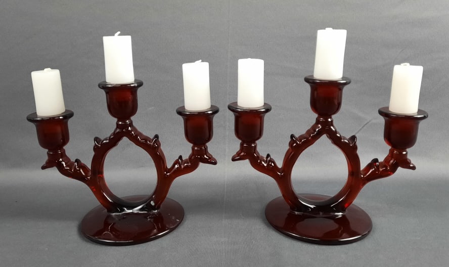 Pair of Ruby Red Glass Candle Holders Each one is 6" tall. Please see images for details regarding (1 of 9)