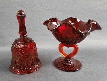 Ruby Red Glass Decorative Bell & Fenton Compote Dish