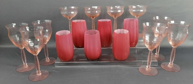 16 Pink Glasses Including Depression Glass Chip around rim of depression glass. There is some