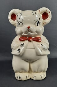 Vintage Pottery Turnabout Bear Cookie Jar 12 inches tall. Paint worn, some marks and scuffs. Please