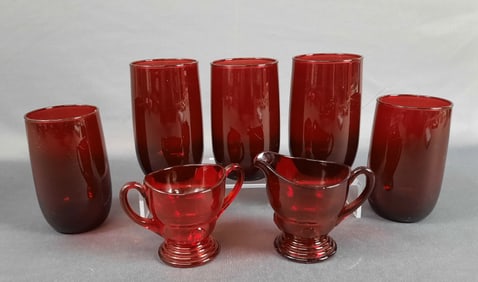 Assorted Ruby Red Glass Dishes Creamer & Sugar Set Glasses Cups
