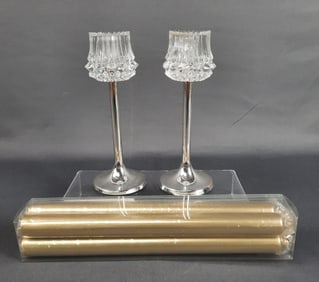 German Cut Glass Tulip Candle Holders & Candles Holders are 6.5 inches tall. Candles are 10 inches