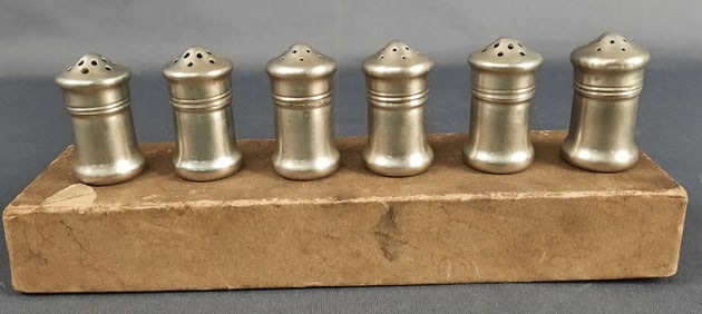 6 Lesco Brand Nickel Silver Miniature Shakers & Box