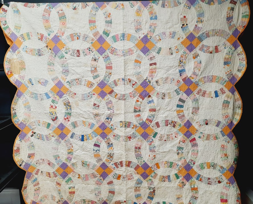 Large Handmade Vintage Quilt Blanket measures 90 x 70 inches. Some stains, rips and tears present. (1 of 9)