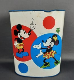 Vintage 1974 Cheinco Disney Metal Trash Can Measures 10 x 6 x 13 inches tall. Bent, marks and