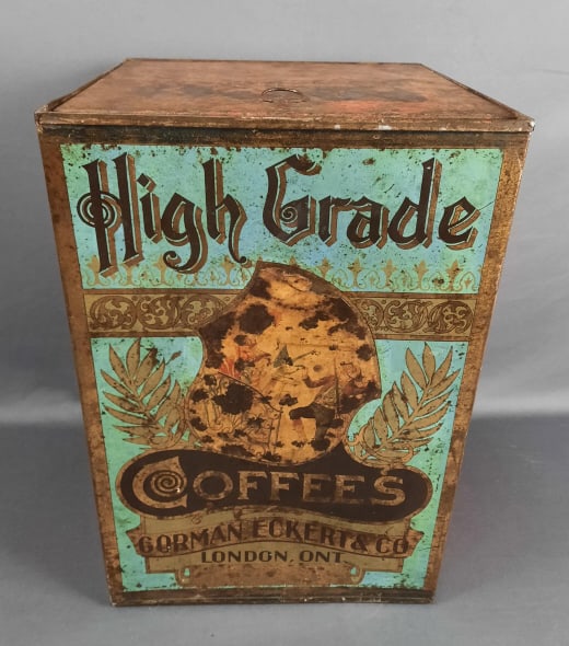 Vintage Gorman Eckert & Co High Grade Coffees Large Metal Box: Large Metal Box Measures 16.5 inches x 11 inches x 11 inches. Please see images for details regarding the condition.