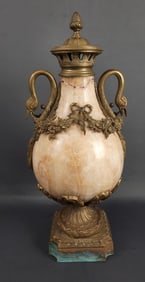 Vintage Large Brass & Marble Decorative Urn Measures 18 inches x 8 inches. Weighs approximately 30