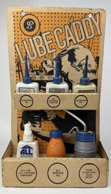 Vintage Lube Caddy Cardboard Display w Products Bend in the middle. Some staining. See photos for