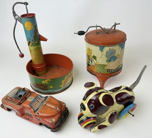 Vintage Tin Toy Lot 2 Ohio Art Co and 2 unbranded marked Japan and Made in China. Signs of age