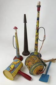 Vintage Tin Toy Lot J Chein, Gotham T Cohn and 3 unbranded pieces one of which is marked made in