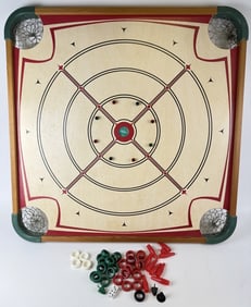 Vintage Carrom Double Sided Game Board 28 x 28 inches. Includes pieces shown. Some dirt and