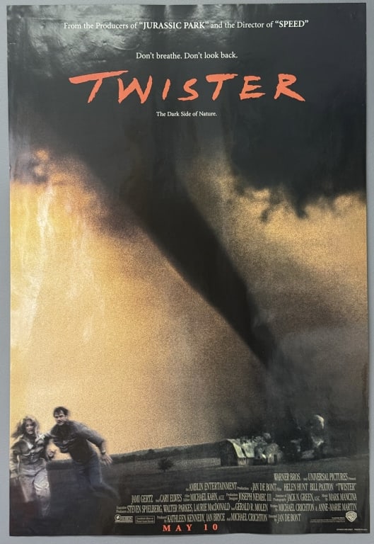 Twister One Sheet Movie Poster 1996 27 x 40 inches double sided. From closed movie theater: 27 x 40 inches double sided. From closed movie theater collection. Some light edge wear and wrinkling see photos.