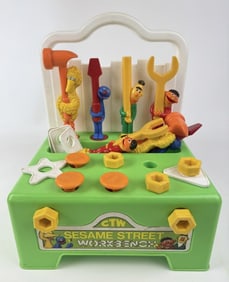 Vintage Sesame Street Workbench Scuffs and dirt. Some paint loss on tools. See photos for items