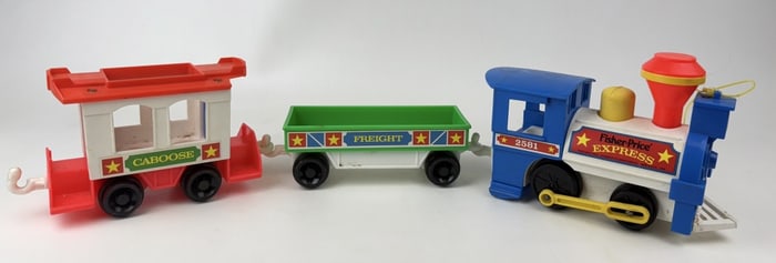 Vintage Fisher Price Express Train Toy 1986 Engine, Freight and Caboose.