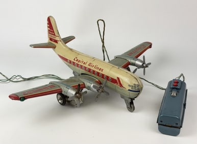 Vintage Line Mar Electric Tin Toy Airplane Capital Airlines. Made in Japan. 11 inches long by 14