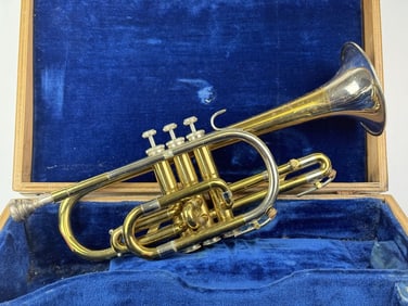 Vintage Collegiate by Holton Cornet Trumpet With wooden case. Some dents and tarnish. See photos for