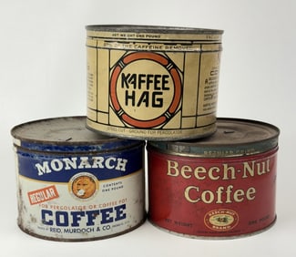 Vintage Metal Coffee Can Lot With lids. Approximately 3.5 by 5 inches. No keys. Scuffs scratches and
