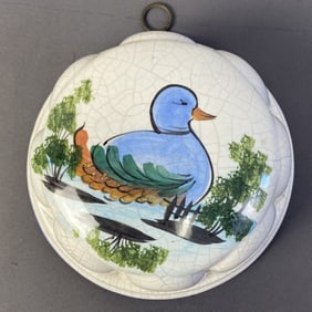 Italian Pottery Duck Cake Mold Handpainted Vintage Duck Mold in Blue and Green by ABC Bassano, Made