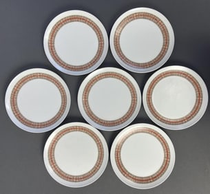 7 Mid Century Melamine Plates w/ Tiki Pattern Vintage melmac mid century modern plates with orange