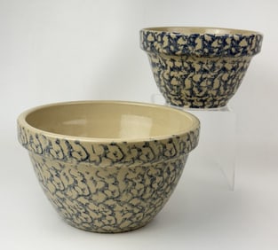Pair Robinson Ransbottom Spongeware Bowls Roseville Pottery 4.5 inches tall by 7 inches wide at top
