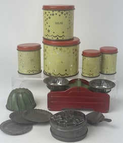 Vintage Kitchen Tin Toy Lot Tarnish and some rust on certain pieces.