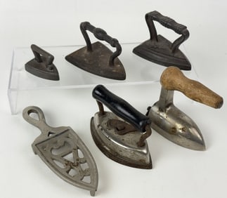 Antique Miniature Iron Lot 5 irons and one iron stand. Tarnish and rust spots.