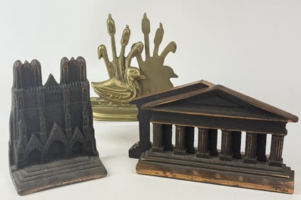 Vintage Cast Metal Bookends Tarnish scratches and paint loss. Cathedral missing its mate.
