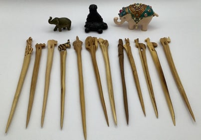 Carved Wood Animal Picks Brass Elephant Monet Elephant Trinket Box & Emotive Deity On A