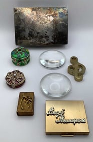 Assorted Vintage Trinkets Silver Box Heart Thumpers Photo Box Max Matches Box Magnifier Paperweights